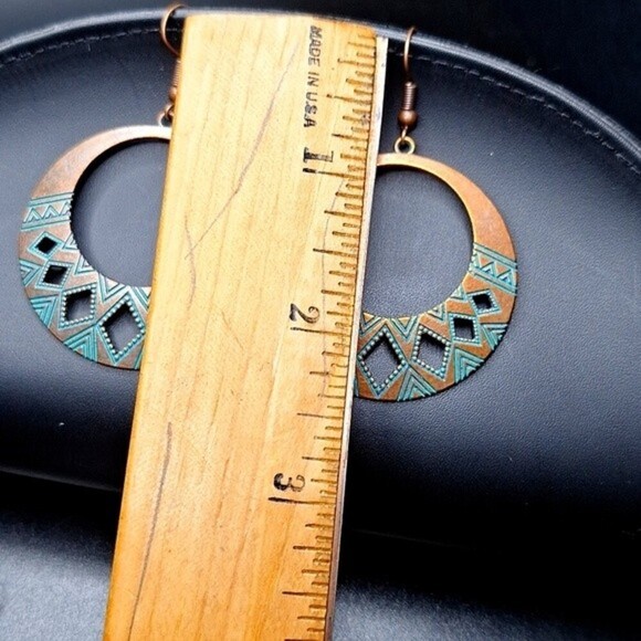 Round tribal Boho copper drop Earrings with Turquoise Accents - Picture 2 of 3